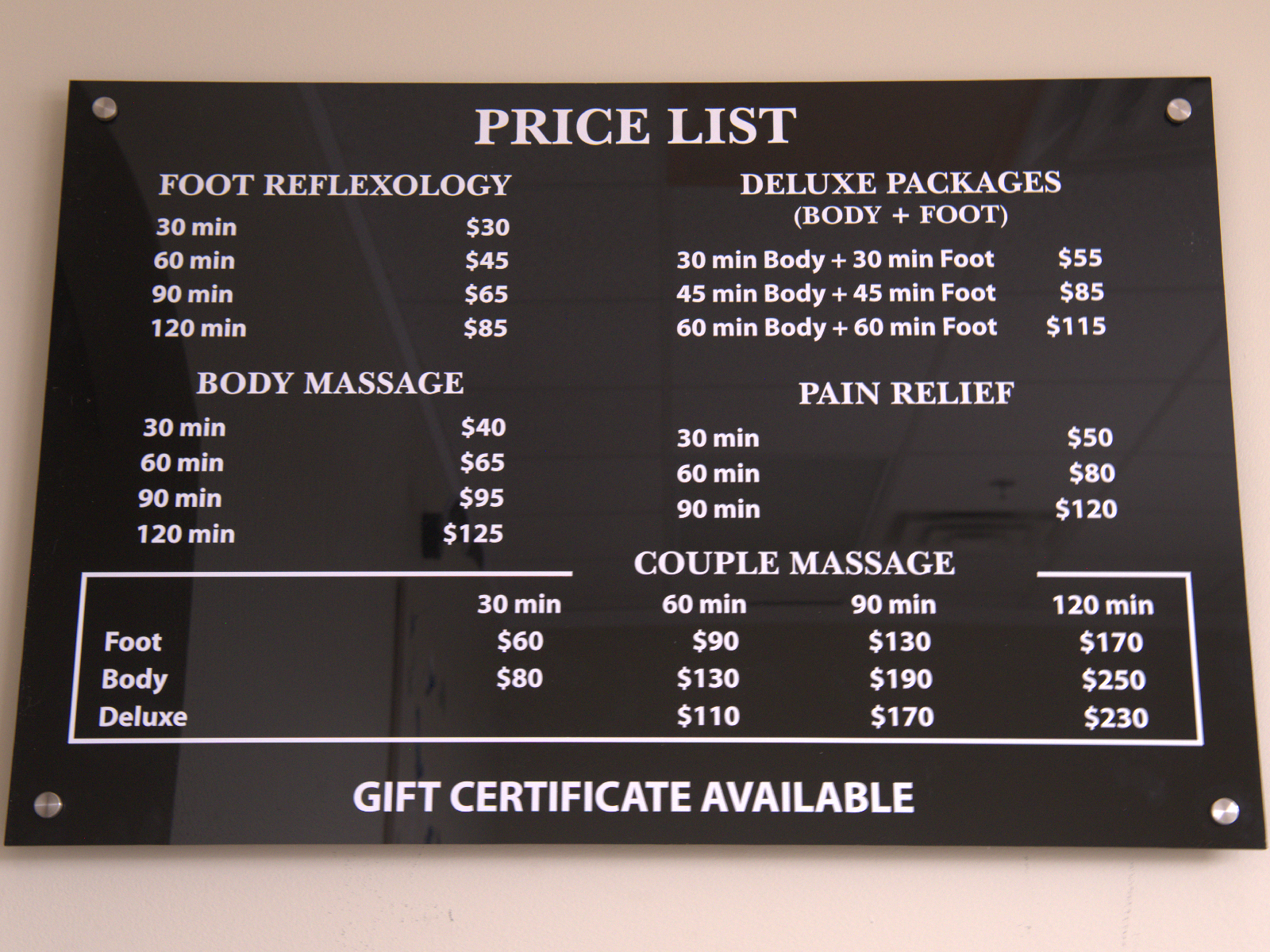 Our service menu and pricing